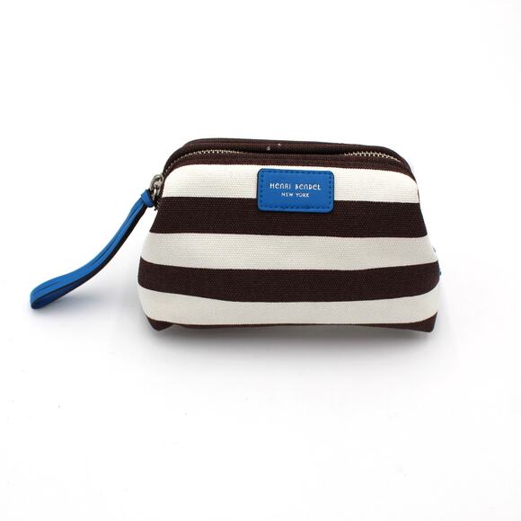 Henri Bendel Cosmetic Bag Brown White Striped Canvas Zip Pouch Travel Makeup - Picture 1 of 8